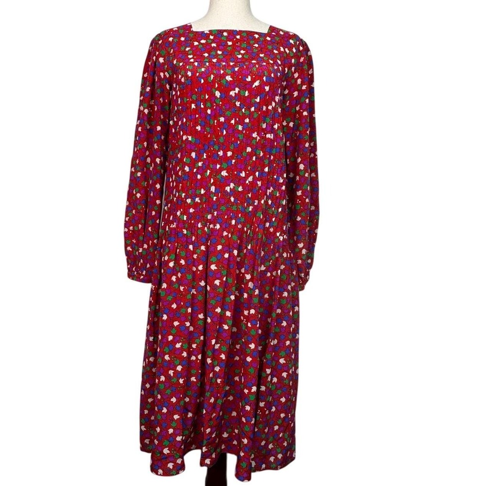 Saint Laurent Rive Gauche Vintage Silk Floral Ivy Midi Dress Red Size 34 France
